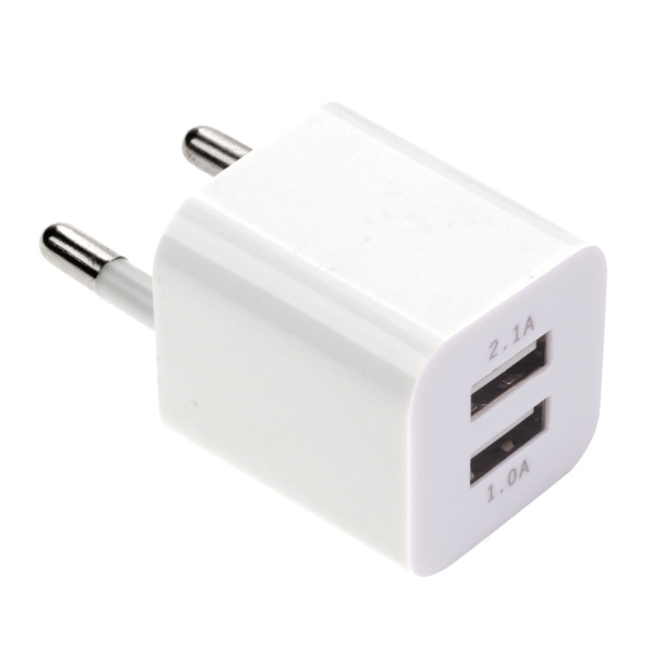 Зарядное устройство сетевое (220В) SONNEN, 2 порта USB, выходной ток 2,1А, белое, 454797