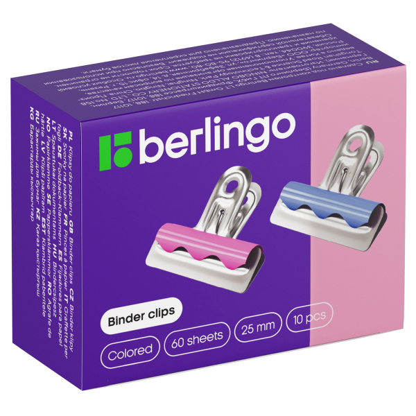 Зажимы-бульдоги для бумаг 25мм, Berlingo, 10шт. цветные, картонная коробка BC1225g 255056