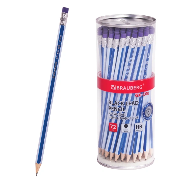 Карандаш чернографитный BRAUBERG "GX-100", 1 шт., HB, с ластиком, корпус синий, 181720