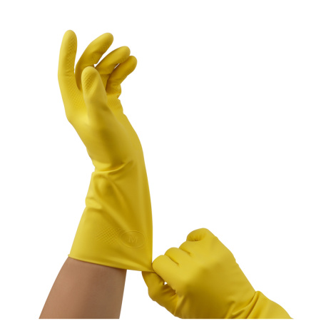 Перчатки резиновые хозяйственные OfficeClean ПРЕМИУМ, многоразовые, хлопчатобумажное напыление, супер плотные, р.M, желтые, пакет с европодвесом 337384  - МСК «Форвард»