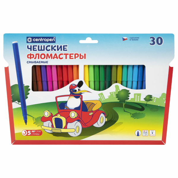 Фломастеры 30 ЦВЕТОВ CENTROPEN "Пингвины", смываемые, вентилируемый колпачок, 7790/30ET 7 7790 3086 151187