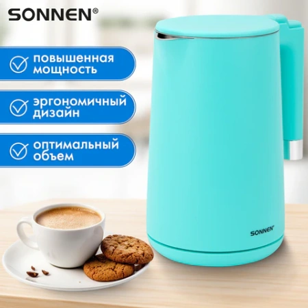 Чайник электрический с двойными стенками SONNEN KT-8719M, 1,5 л, 2200 Вт, мятный, 454694 - МСК «Форвард»