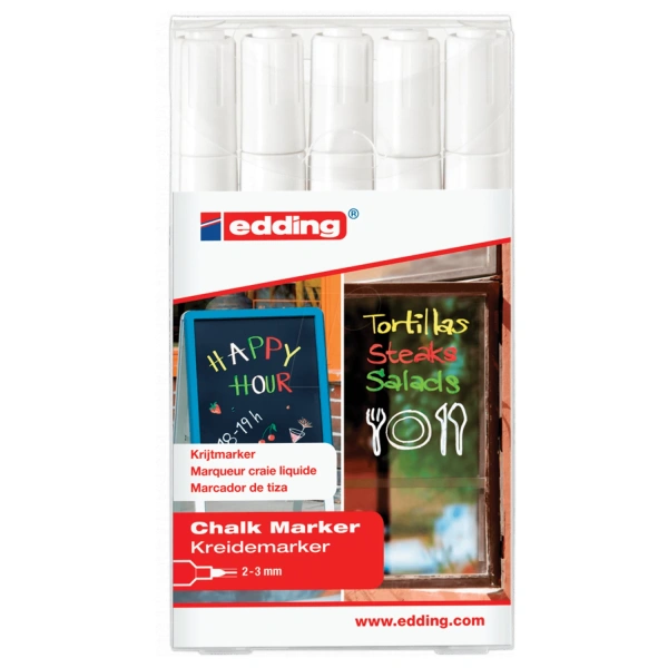 Маркеры меловые EDDING 4095 НАБОР 5 шт., 2-3 мм, БЕЛЫЕ, влагостир, д/гладких поверхн, E-4095/5S/49 151334