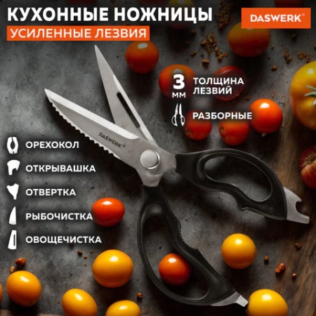 Ножницы кухонные DASWERK (ДАСВЕРК), 230 мм, разборные, с открывашками, зазубренные, 608906 - МСК «Форвард»