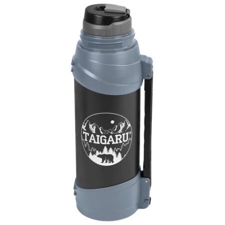 Термос классический, нержавеющая сталь 2 л, черно-серый, 2 кружки, ручка + ремешок, TAIGARU (ТАЙГАРУ), 608818 - МСК «Форвард»