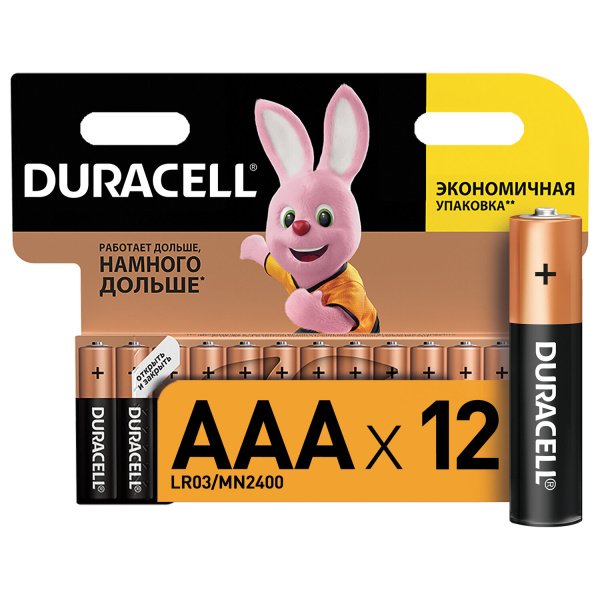 Батарейки КОМПЛЕКТ 12 шт, DURACELL Basic, AAA(LR03, 24А),алкалиновые,мизинчиковые,блистер,451362