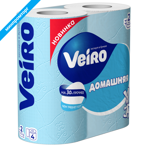 Бумага туалетная быт., спайка 4 шт., 2-х слойная, (4х15 м), VEIRO Домашняя, белая, 1с24, 128024