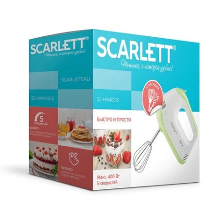 Миксер SCARLETT SC-HM40S15, 400 Вт, 5 скоростей, 2 венчика, 2 крюка для теста, белый/зеленый 455876 - МСК «Форвард»