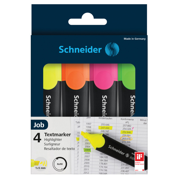 Набор текстовыделителей Schneider "Job" 04цв., 1-5мм, прозрачный чехол/картонная уп 1500 255704