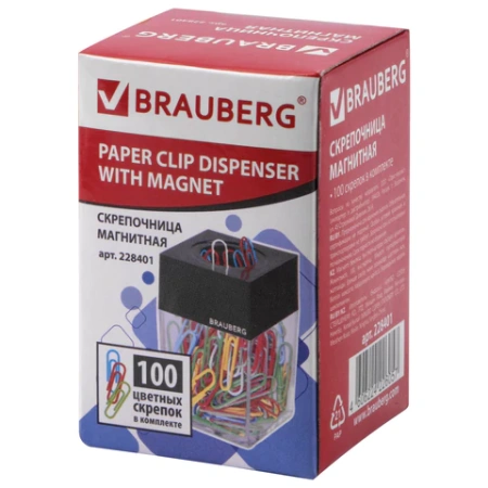 Скрепочница магнитная BRAUBERG со 100 цветными скрепками 28 мм, прозрачный корпус, 228401 - МСК «Форвард»