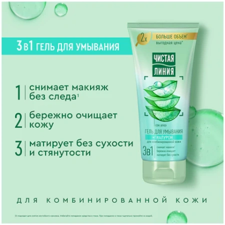 Гель для умывания 200 мл, ЧИСТАЯ ЛИНИЯ 3 в 1 "Гиалурон и сок алоэ", бережное очищение 609850 - МСК «Форвард»