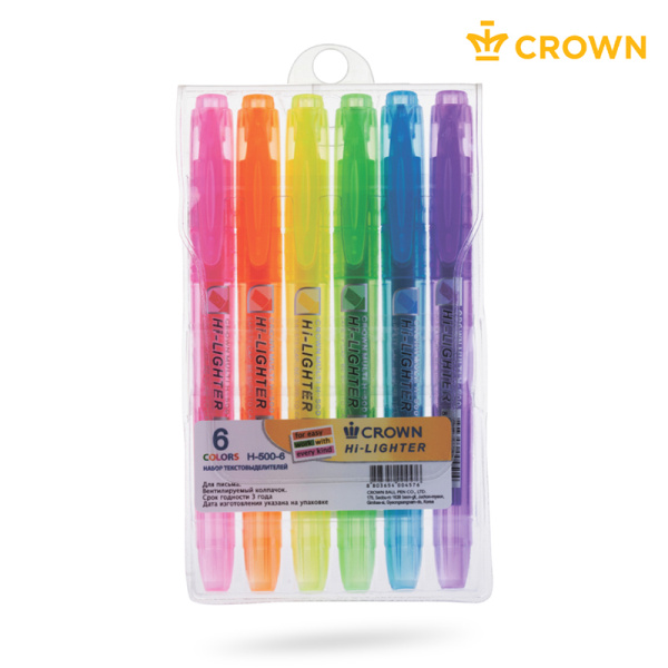 Набор текстовыделителей Crown "Multi Hi-Lighter" 6 НЕОНОВЫХ ЦВЕТОВ , 1-4мм, чехол с европодвесом H-500-6 207923