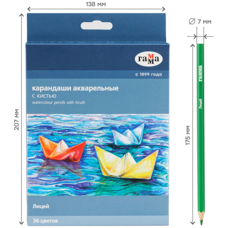 Карандаши акварельные Гамма "Лицей", 36цв., шестигранные, заточен., с кистью, картон. упаковка, европодвес 221118_05 286565  - МСК «Форвард»