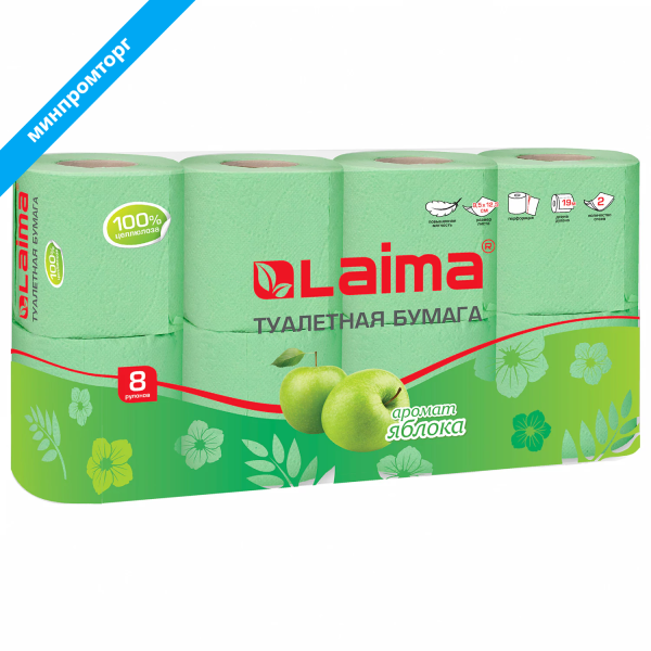 Бумага туалетная бытовая, спайка 8 шт., 2-х слойная, (8х19 м), LAIMA, аромат яблока, 128723