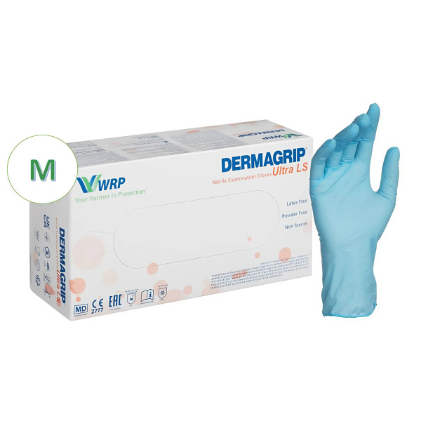Перчатки нитриловые смотровые, 100 пар(200шт), повышенная чувств-ть, р-р M(средний), DERMAGRIP Ultra 630075 ЧЕСТНЫЙ ЗНАК!