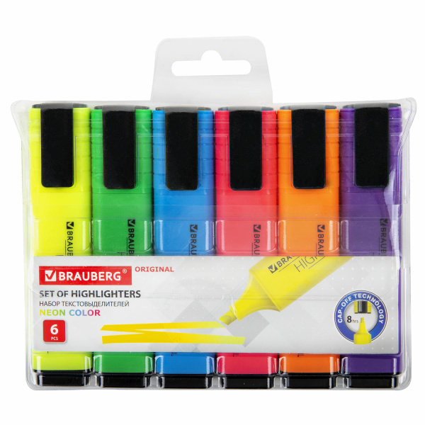 Набор текстовыделителей 6 ЦВЕТОВ, BRAUBERG "ORIGINAL NEON", линия 1-5 мм, 152216