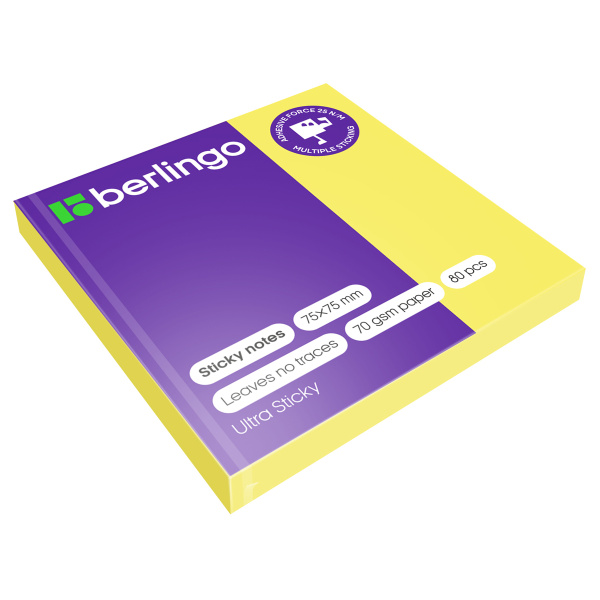 Блок самоклеящийся (стикеры) Berlingo "Ultra Sticky", 75*75мм, 80л., желтый неон LSn_39200 270275