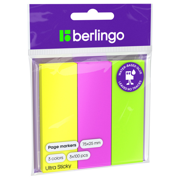 Флажки-закладки бумажные Berlingo "Ultra Sticky", 25*75мм, 100л*3 неоновых цвета, европодвес LSz_41001 287196 - МСК «Форвард»
