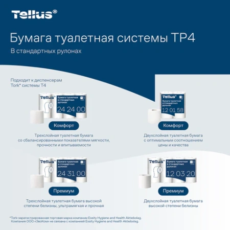 Бумага туалетная Tellus/TORK (Система T4) PREMIUM, спайка 8 рулонов по 23 метра, 2-слойная, белая, 120320 127835 - МСК «Форвард»