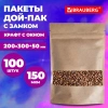 Пакет дой-пак с замком ZIP LOCK, крафт с окном 60 мм, 200х300 + 50 мм, 100 штук, 150 мкм, BRAUBERG, 700694 - МСК «Форвард»