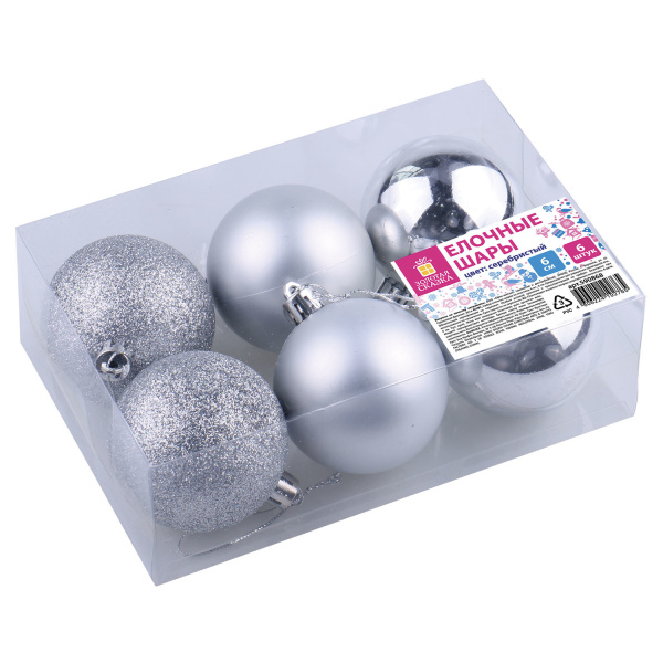 Шары ёлочные 6шт, 6см, "Trio", пластик, СЕРЕБРИСТЫЕ (глянец, матовый, глиттер) ЗОЛОТАЯ СКАЗКА 590868