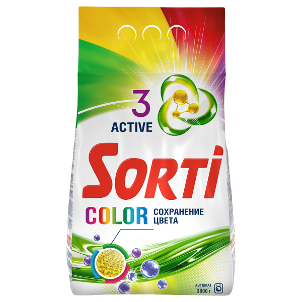 Стиральный порошок-автомат 3 кг, SORTI (Сорти) "Color", 8573-3АХ 284957 ЧЕСТНЫЙ ЗНАК! минпромторг