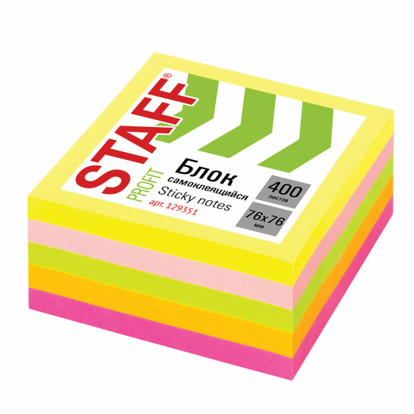 Блок самоклеящийся (стикеры) STAFF НЕОНОВЫЙ 76х76мм, 400 листов, 5 цветов, 129351