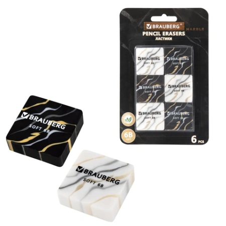 Ластики BRAUBERG "MARBLE", НАБОР 6 штук, 34х34х11 мм, квадратные, экологичный ПВХ, блистер, 272735 - МСК «Форвард»