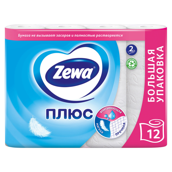 Бумага туалетная 2-х слойная 12 рулонов (12х23м), белая, ZEWA Plus, 144090, 124051
