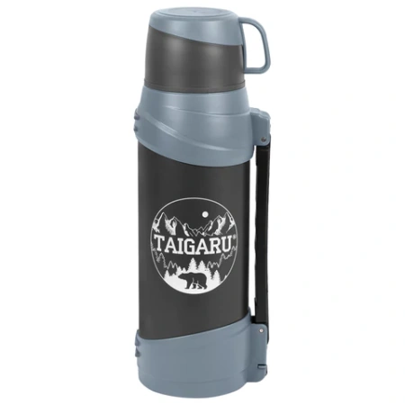 Термос классический, нержавеющая сталь 2 л, черно-серый, 2 кружки, ручка + ремешок, TAIGARU (ТАЙГАРУ), 608818 - МСК «Форвард»
