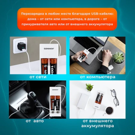 Зарядное устройство с аккумуляторами 2 шт. AAA (HR03), 1000 mAh, SONNEN BC2, в блистере, 455004 - МСК «Форвард»