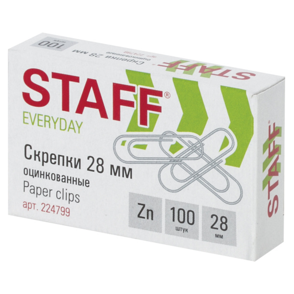 Скрепки STAFF EVERYDAY, 28 мм, оцинкованные, 100 шт., в картонной коробке, РОССИЯ, 224799