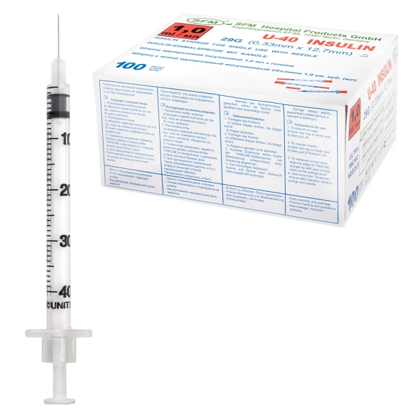 Шприц инсулиновый SFM, 1 мл. КОМПЛЕКТ 10 шт. в пакете, U-40 игла несъемная 0,33х12,7 - 29G, 630472