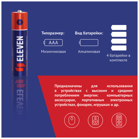 Батарейка Eleven AAA мизинчиковая КОМПЛЕКТ 4шт (LR03) алкалиновая, BC4 блистер 301745 - МСК «Форвард»