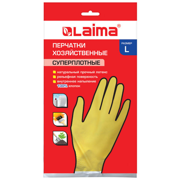 Перчатки хоз. латексные LAIMA "Премиум",МНОГОРАЗОВЫЕ,х/б напыление, суперплотные, L (большой),600272