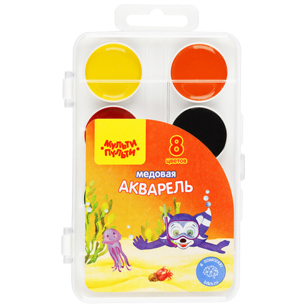 Акварель Мульти-Пульти "Енот в Красном море", медовая, 08 цветов, без кисти, пластик, европодвес АП_10703 240038