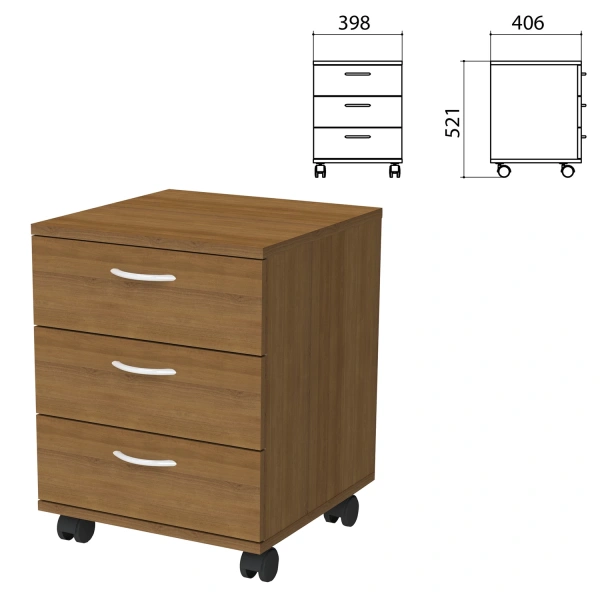 Тумба подкатная "Бюджет" (ш398*г406*в521 мм), 3 ящика, орех 190, 402952, 402952-190 641159