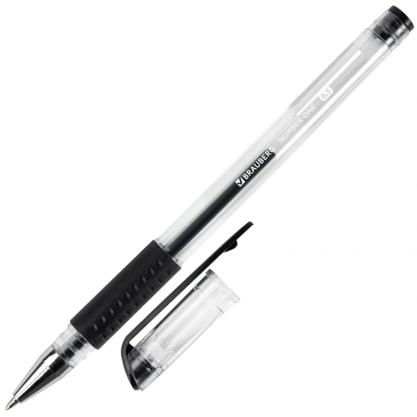 Ручка гелевая с грипом BRAUBERG Number One, ЧЕРНАЯ, пишущий узел 0,5мм, линия 0,35мм, 141194