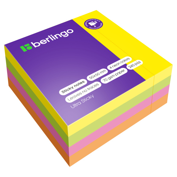 Блок самоклеящийся (стикеры) Berlingo "Ultra Sticky", 50*50мм, 240л., 4 неоновых цвета LSn_40102 270290