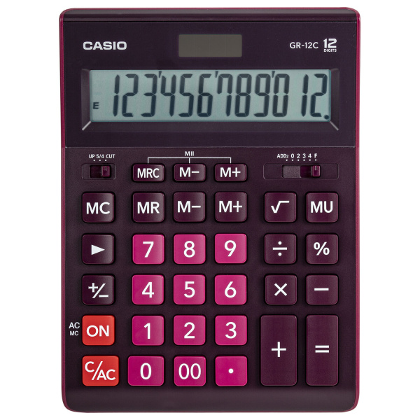 Калькулятор настольный CASIO GR-12С-WR (210х155мм), 12 разрядов, двойное питание, БОРДОВЫЙ GR-12C-WR