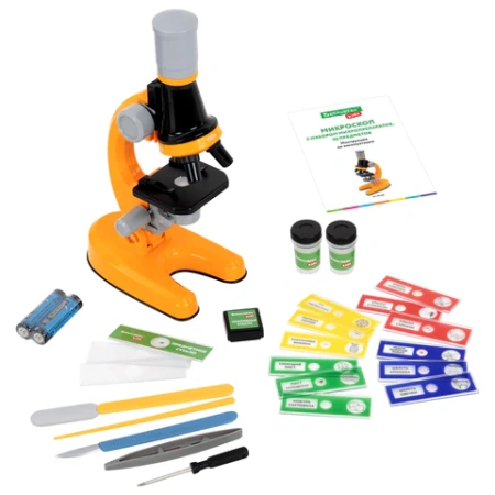 Микроскоп с подсветкой, 30 предметов, в т.ч. набор из 12 микропрепаратов в подарок, увеличение 100х, 400х, 1200х, BRAUBERG KIDS, 391400 - МСК «Форвард»