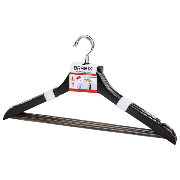 Вешалки-плечики с антискользящими накладками КОМПЛЕКТ 3 штуки, р 48-50, дерево, BRABIX, 607476