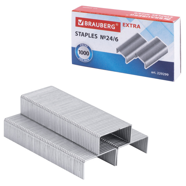 Скобы для степлера цинковое покрытие №24/6, 1000 штук, BRAUBERG EXTRA, до 30 листов, 229299