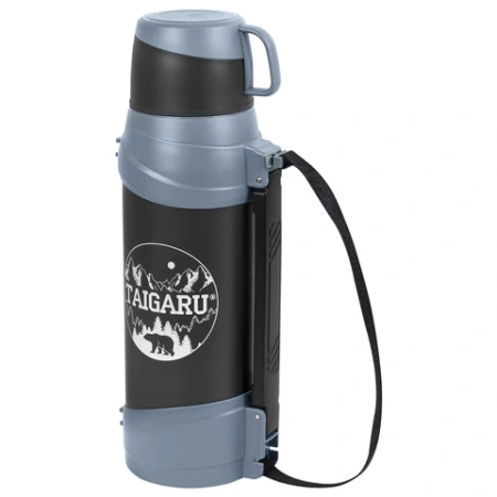 Термос классический, нержавеющая сталь 2 л, черно-серый, 2 кружки, ручка + ремешок, TAIGARU (ТАЙГАРУ), 608818 - МСК «Форвард»