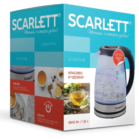 Чайник SCARLETT SC-EK27G88, 1,8 л, 1800 Вт, закрытый нагревательный элемент, стекло, черный 457207 - МСК «Форвард»