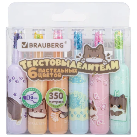 Набор текстовыделителей 6 ПАСТЕЛЬНЫХ ЦВЕТОВ, кросс-серия МИЛЫЕ КОТЫ, линия 1-5 мм, BRAUBERG, 152619 - МСК «Форвард»