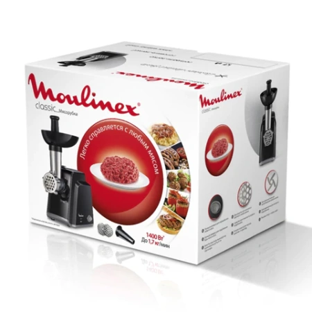 Мясорубка MOULINEX ME105830, 1400 Вт, производительность 1,7 кг/мин, 2 насадки, реверс, пластик, черная, 1510001079 456479 - МСК «Форвард»