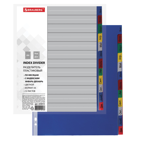 Разделитель пластиковый BRAUBERG А4, 12 листов, Январь-Декабрь, оглавление, цветной, РОССИЯ, 225613