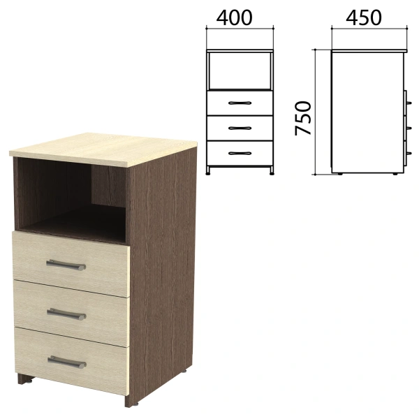 Тумба приставная "Канц", 400х450х750 мм, 3 ящика, полка, цвет венге/дуб молочный (КОМПЛЕКТ) 980519