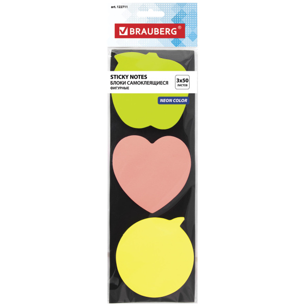 Блок самоклеящийся (стикеры) фигурный BRAUBERG НЕОНОВЫЙ "Ассорти", 3 цвета х 50 л, европодвес,122711